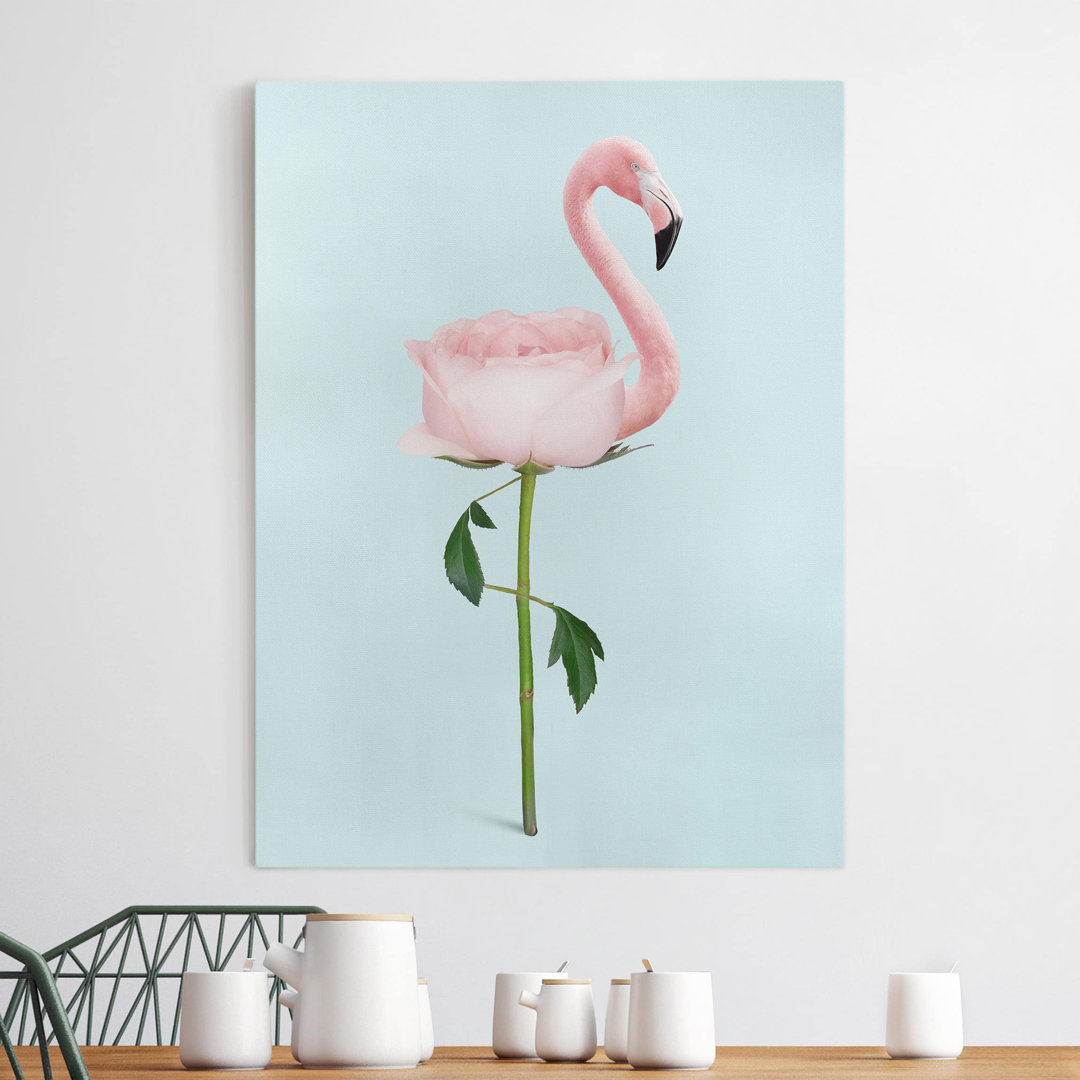 Leinwandbild Flamingo mit Rose