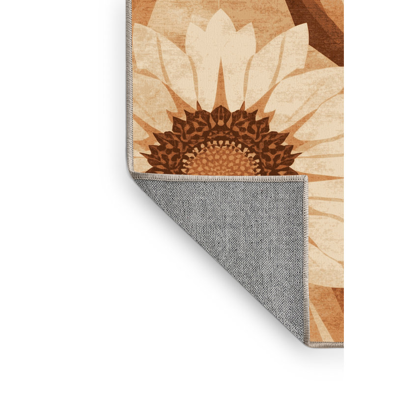 Machine Washable Ortencia Sunflower Farmhouse / Country Geometric Shapes Rug in Beige – Beige Binding, 4' Square