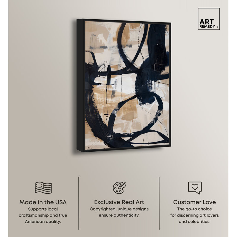 Black and Beige Abstract Canvas Art with Wooden Frame, 25" x 17"