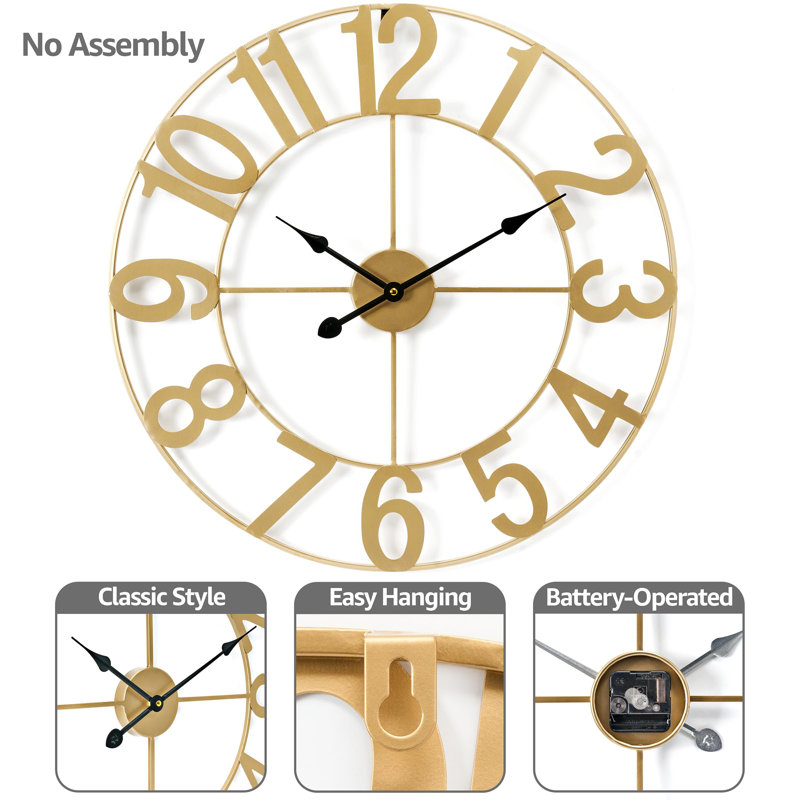 24-Inch Gold Metal Wall Clock with Arabic Numerals