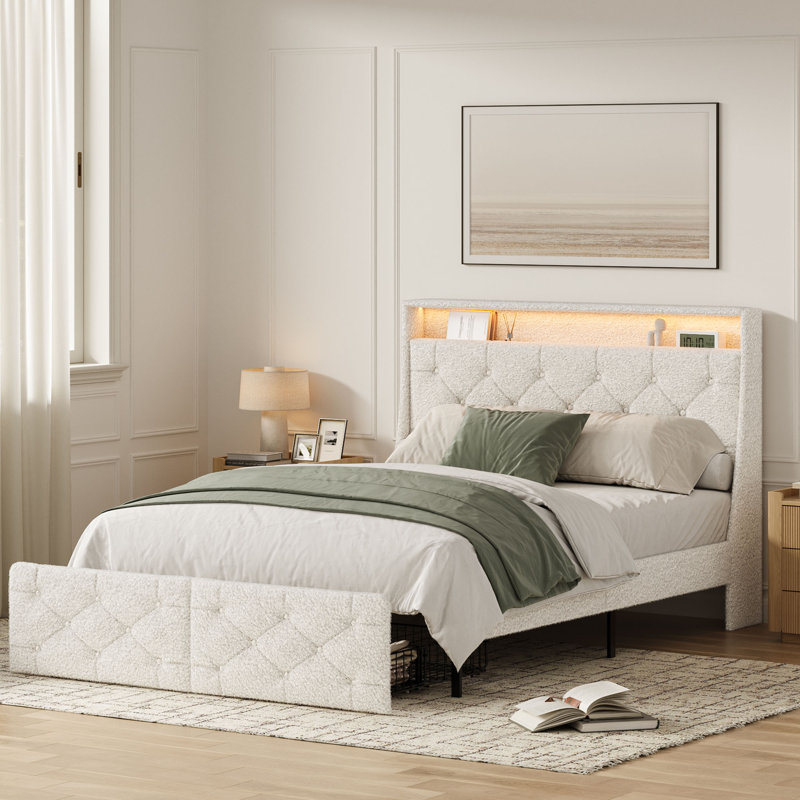 Queen Size Teddy Boucle Upholstered Platform Bed with 2 Drawers, Tufted Wingback Headboard & LED Lighting, Queen