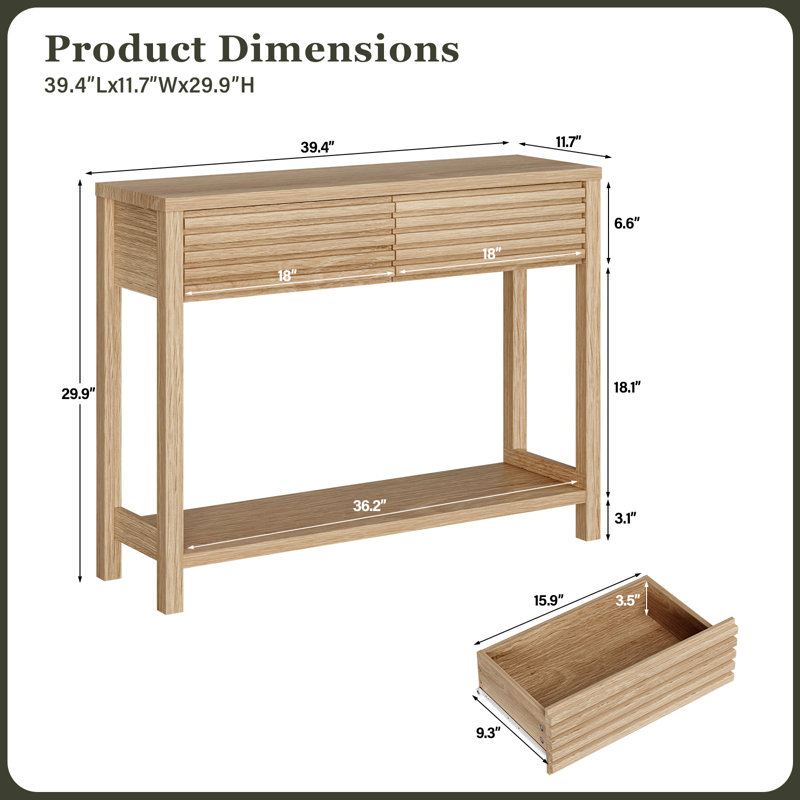 39.4'' Fluted Console Table with Drawers, Narrow Entryway Table with Storage Shelf, Wood
