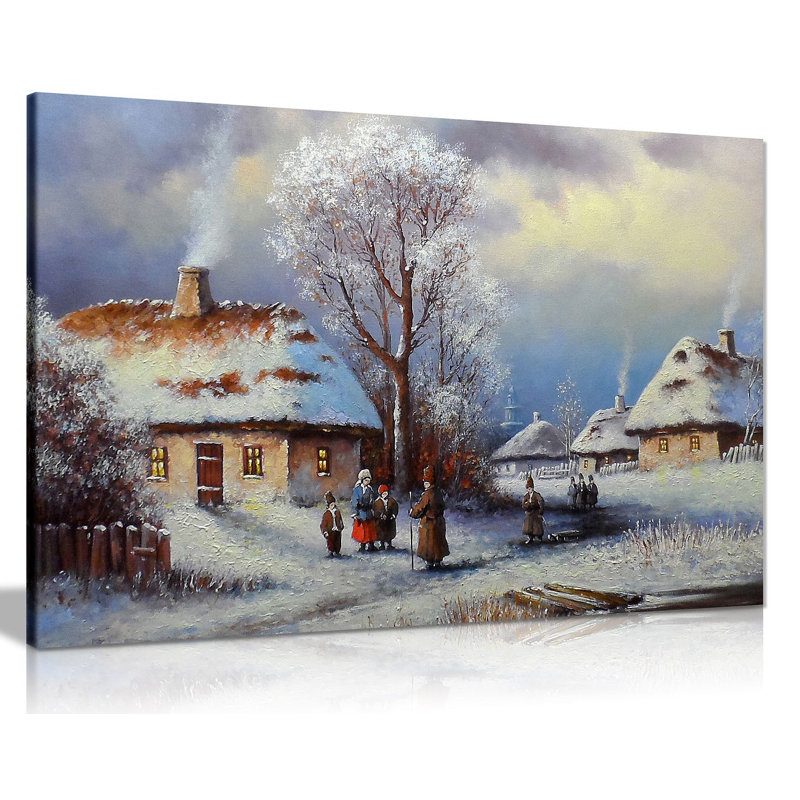 Old Winter Village Painting - Wrapped Canvas Print, 20cm H x 31cm W