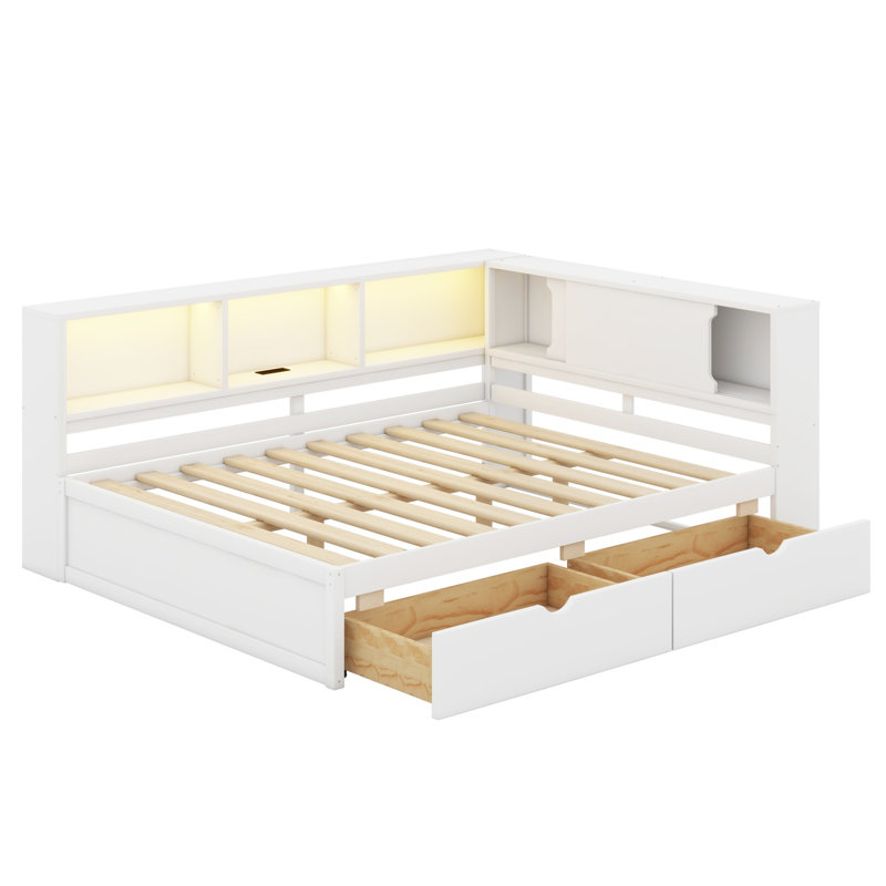 Lit de jour en bois peu encombrant avec tablettes de rangement, 2 tiroirs, lumières DEL et USB, Blanc