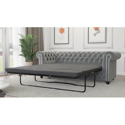 Chesterfield Hanna 3 Seater Sofa with Sleeping Function Made of Velvet Fabric with Solid Wood Legs