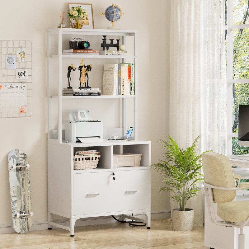 Bibliothèque de rangement de 61,4 po de hauteur avec tiroirs, serrure et station de charge, Blanc / Blanc