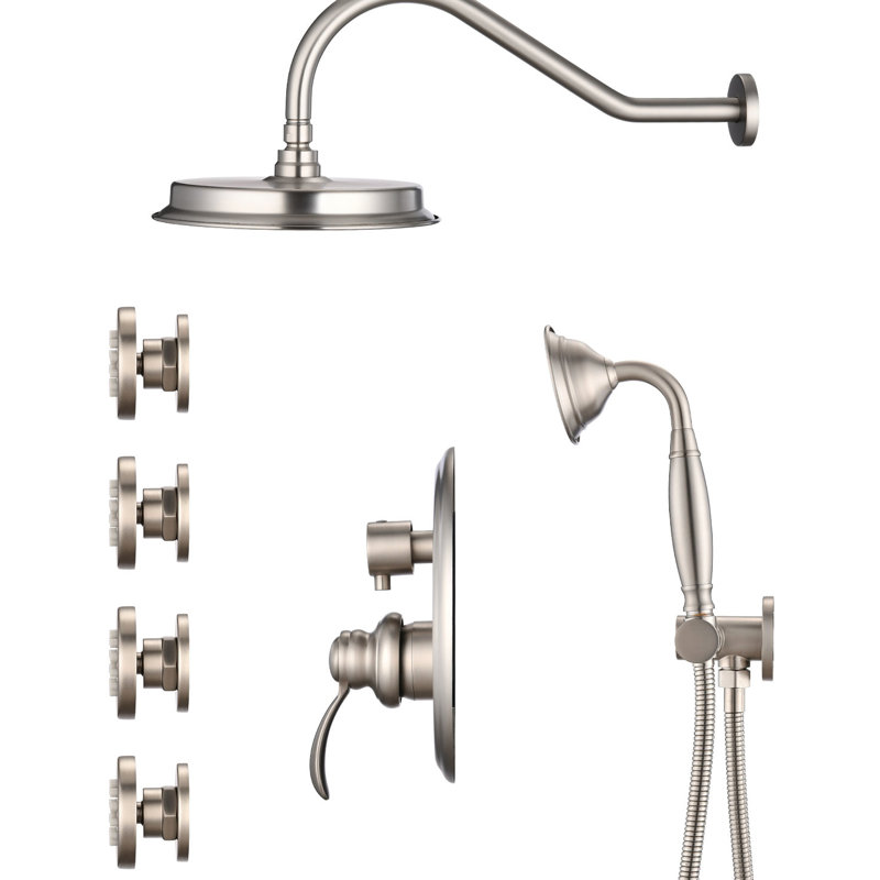 Shower Faucet In Brushed Nickel With Adjustable And Diverter Valve System Body Jet, Hand Water, Brushed Nickel