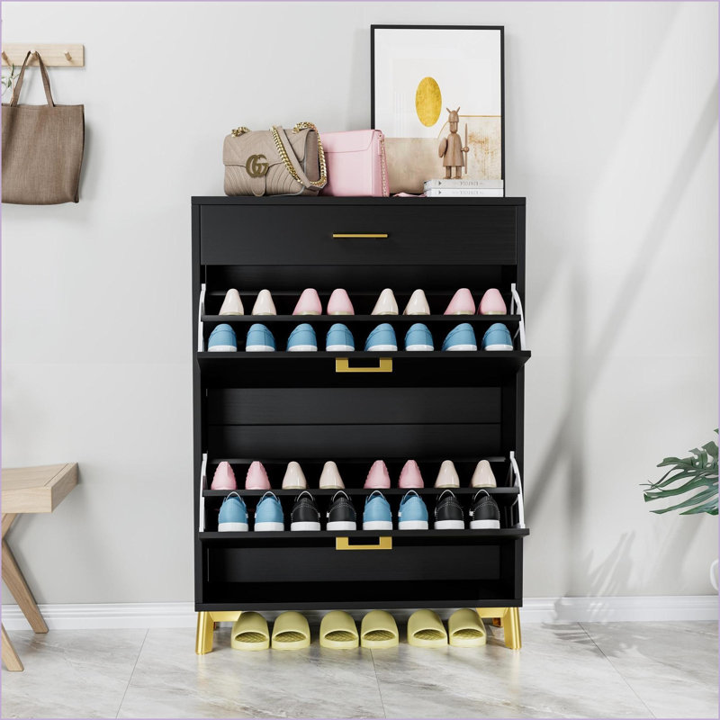 Shoe Storage Cabinet for Entryway, 32x10x43in Freestanding Organizer with 2 Flip Drawers | Black | MDF, Black
