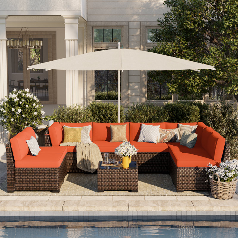 Avamay Rattan Sectional Seating Group with Cushions, Orange Performance Microfiber, No