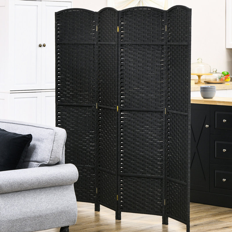 Paravent pliable 4 panneaux. Cloison de 5,6 pi pour la maison. Noir avec décoration tissée à la main et plateau arqué hypnotisant. Chambre polyvalente, bureau. Structure en bois, sangles en polypropylène.