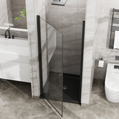 34"X72" Shower Door With Pivot, 1/4" Tempered Glass, Black Semi-, Waterproof Feature, Strong Handle, 180 Swinging 90 Water Barrier Pivot Door, Strips, Long-Lasting Rotating Shake