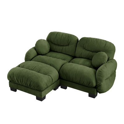 Modern L-Shaped Modular Chenille Sectional Sofa with Ottoman, Pleated Upholstered Couch with Ergonomic High-Density Foam, Curved Armrests & 2 Round Throw Pillows for Living Room（Green
）