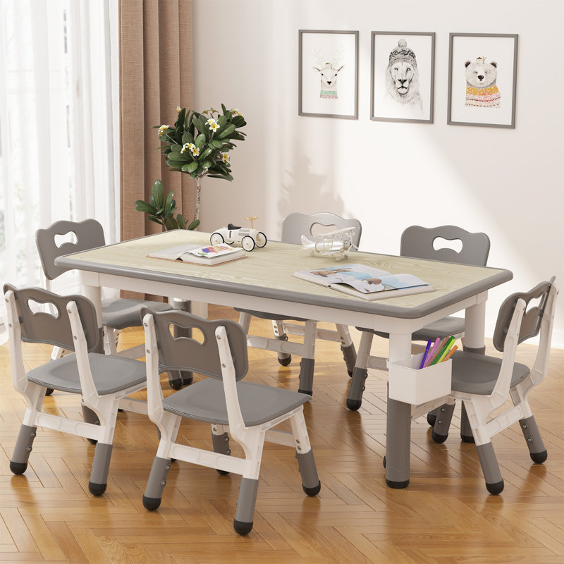 Ensemble de table et 6 chaises pour enfants, table d'activités/d'étude à hauteur réglable - Plateau en bois facile à nettoyer, pieds antidérapants, boîte de rangement incluse - Idéal pour la maison, la garderie ou un coin bureau - Gris pâle