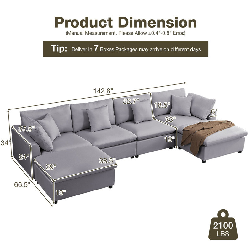 Burwell 6 - Piece 143" Oversized U-Shaped Modular Sectional Sofa with Removable Ottomans, Convertible L-Shaped Velvet Couch with 5 Throw Pillows for Living Room, Apartment, Home Office