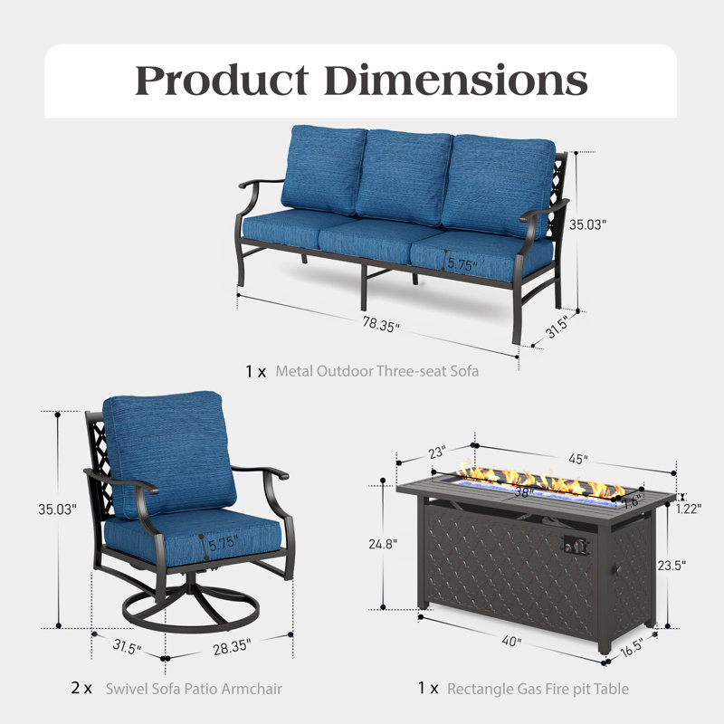 Asfand 5 - Person Patio Conversation Set with Swivel Lounge Chairs & Firepit Table, Peacock Blue