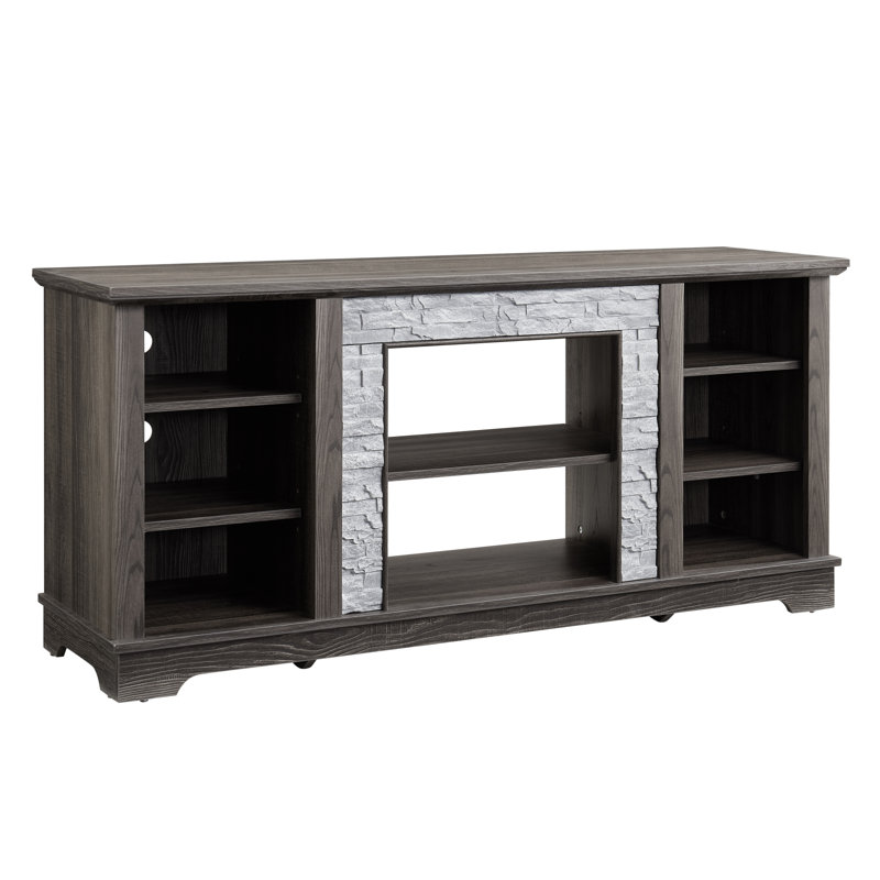 Mantel Stone TV Media Stand With With Faux Stacked Stone Surround, Modern Entertainment Console With Open Storage Space,Grey, 58.31"W*15.39"D*26.06"H