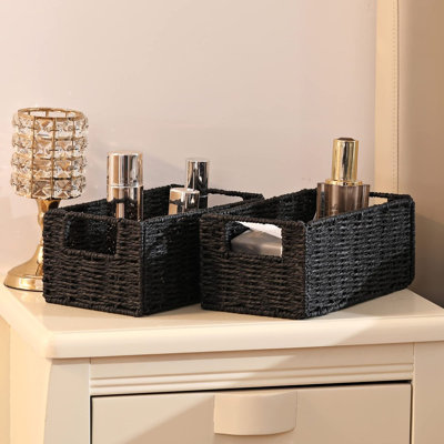 Set of 2 Foldable Cube Paper Rope Wicker Storage Baskets, Decorative Organizer & Toilet Paper Basket for Shelves