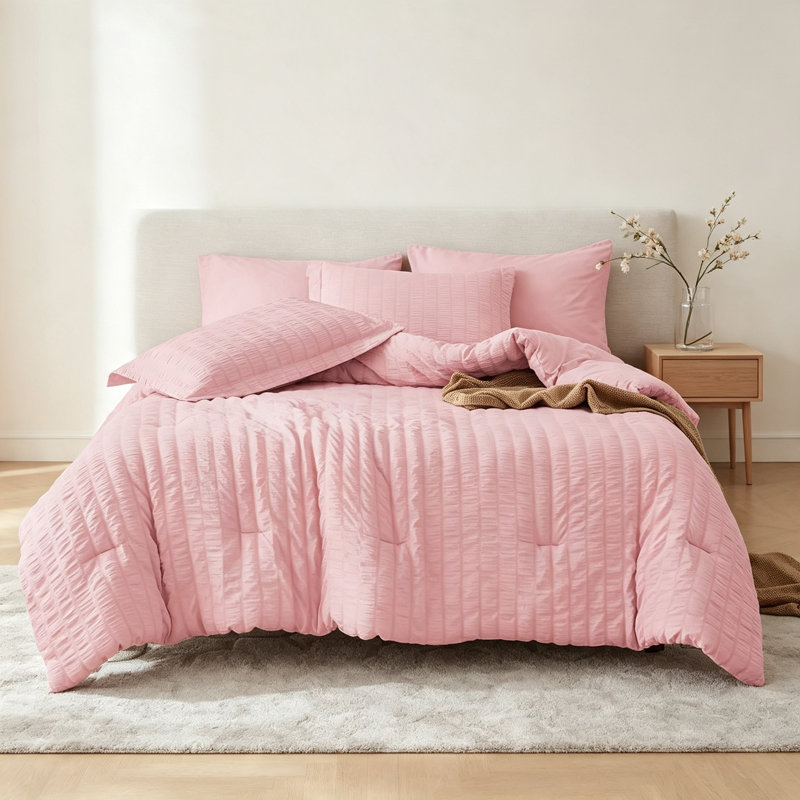Queen Seersucker Bed in a Bag Comforter Set 7 Pc Pink