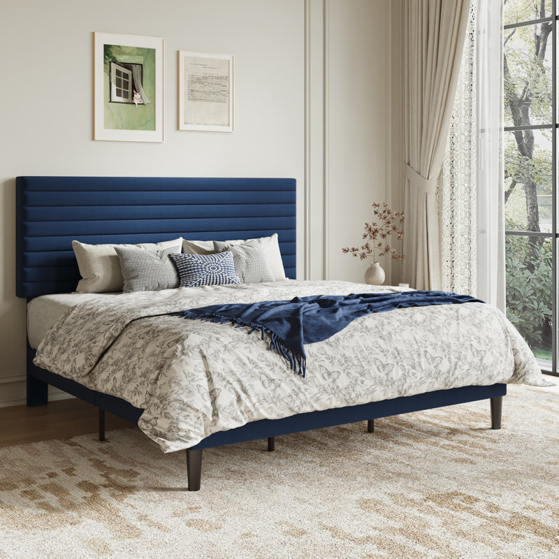 Modern Velvet Upholstered Bed Frame With Adjustable Headboard, Full Size, Queen Size, King Size, No Box Spring Needed, Blue