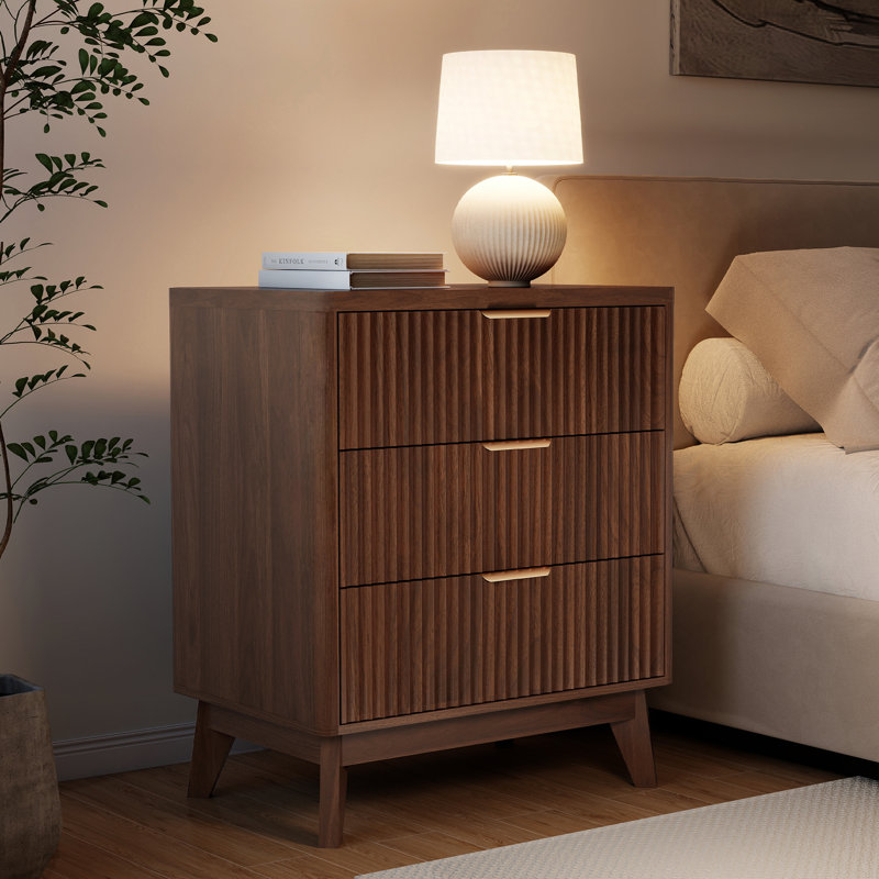 Walnut Nightstand Set of 2  With 3 Drawers, Fluted Wood Bed Side Table for Bedroom, 23.6"W X 15.8"D X 28.1"H, Walnut