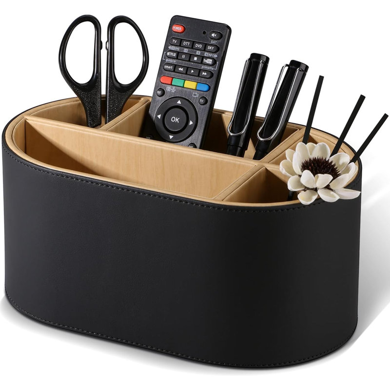 Organisateur de bureau multi-compartiments en cuir de polyuréthane, support de bureau pour télécommandes, stylos, pinceaux de maquillage et fournitures de bureau, noir