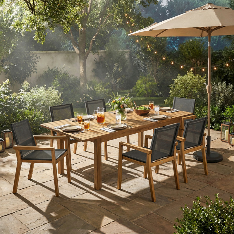 Ensemble repas d'extérieur 7 pièces avec chaises et grande table 7 pièces, Noir, Black