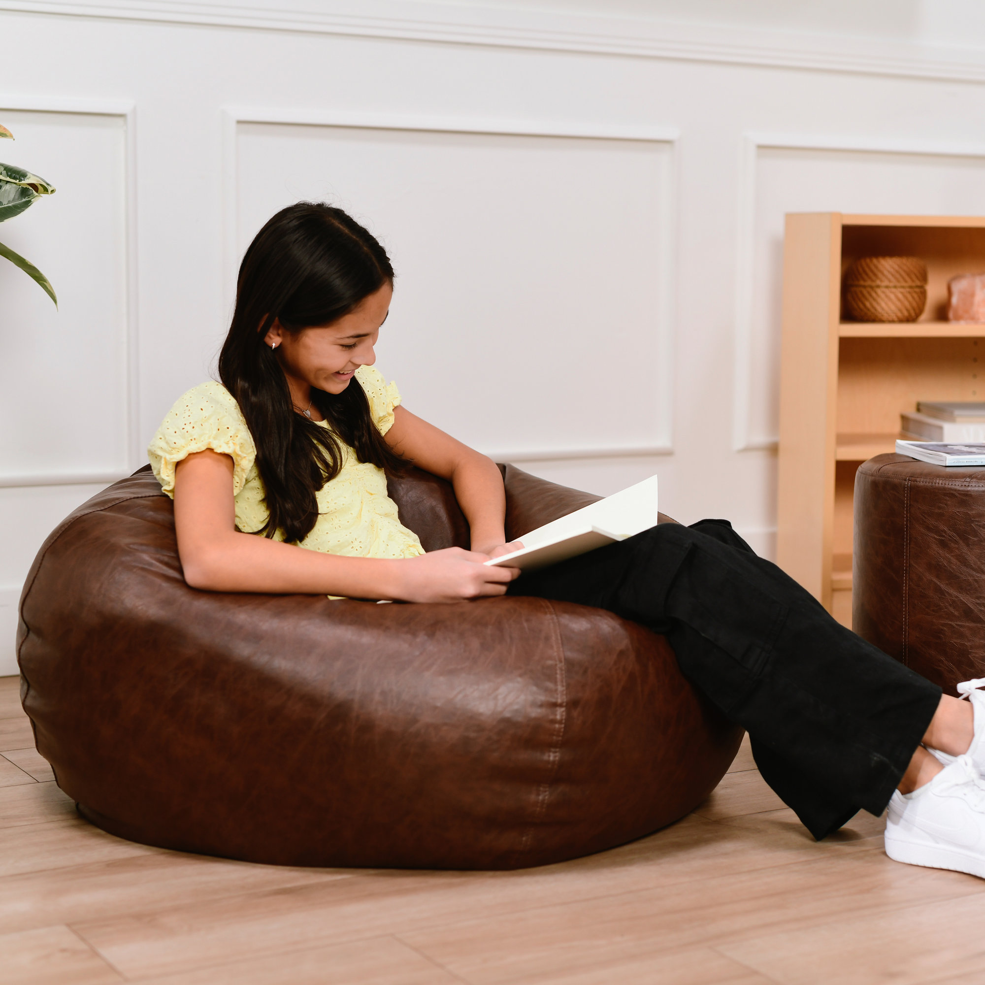 Standard Faux Leather Classic Bean Bag, 19" H x 35" W x 35" D, Walnut Faux Leather