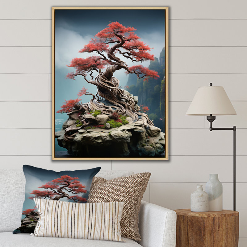 Art asiatique, sagesse bonsaï VI, H 20 po x l 12 po x P 1 po, Toile naturelle avec cadre flottant