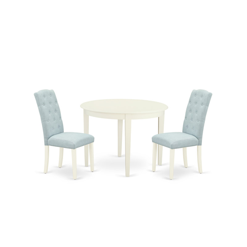 Ensemble de table de salle à manger 3 pièces pour petits espaces comprenant une table de cuisine ronde et 2 chaises de salle à manger Parson en tissu bleu bébé, lin blanc