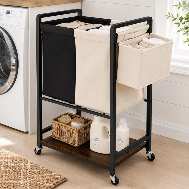 Panier à linge à roulettes avec 2 sacs amovibles, panier de rangement latéral et tablette inférieure, chariot de tri du linge roulant, organisateur gain de place pour la buanderie
