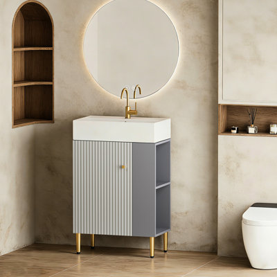 21.6" Grey Vanity , Ceramic Sink, Wave Door Design, Brushed Copper Accents, Wood, Waterproof Protection Bathroom With Soft-close Feature, Right Shelf, Stain-