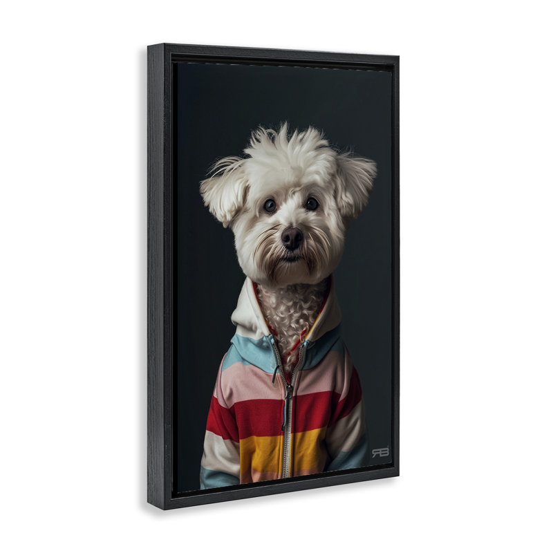 Chien terrier avec toile coupe-vent par Roozbeh Bahramali, H 25 po x l 17 po, Cadre flottant noir de jais