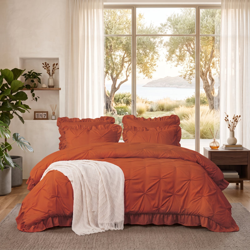 5 Piece Romantic Princess Pintuck Comforter Set, Queen Comforter + 4 Standard Shams, Terracotta