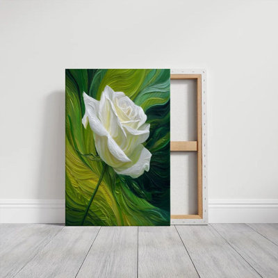 2D Flat, 1Pc Framed Canvas Wall Art, White Rose, Green Vortex Background, Impressionist Oil Painting Style Art Print Canvas Poster Painting Room Wall Decor, Ideal Gift, Ready To Hang