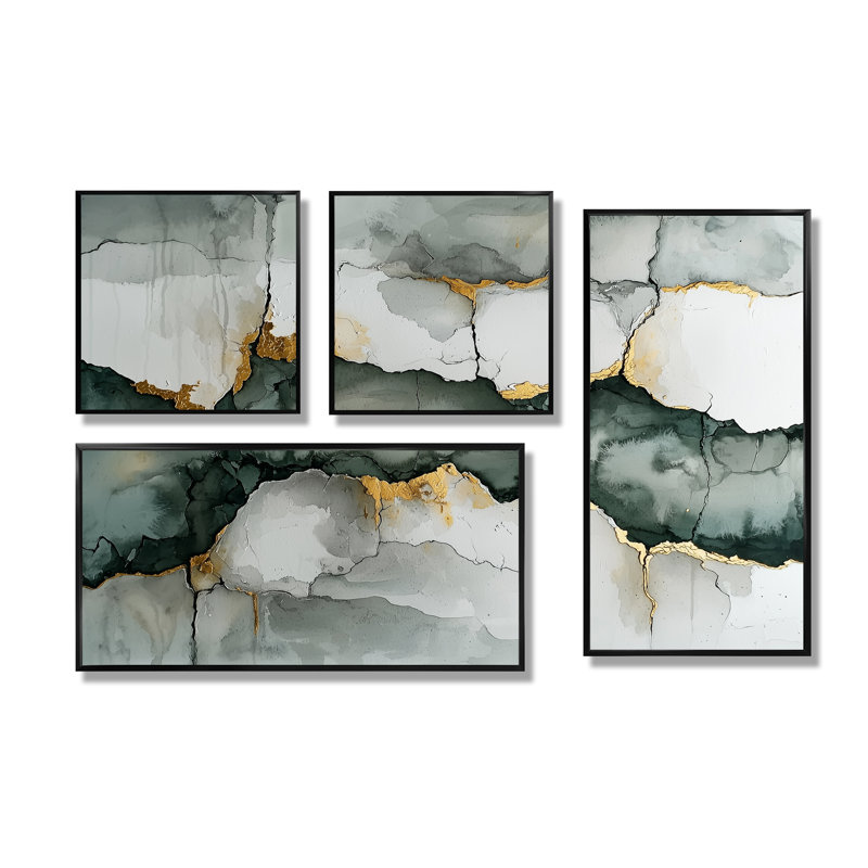 «White and Grey Fragmented Silence Of Perception II», art mural abstrait 4 pièces, Noir
