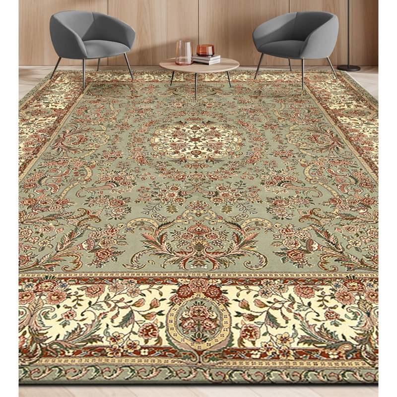 Hand Knotted Wool Area Rug in Green And Cream