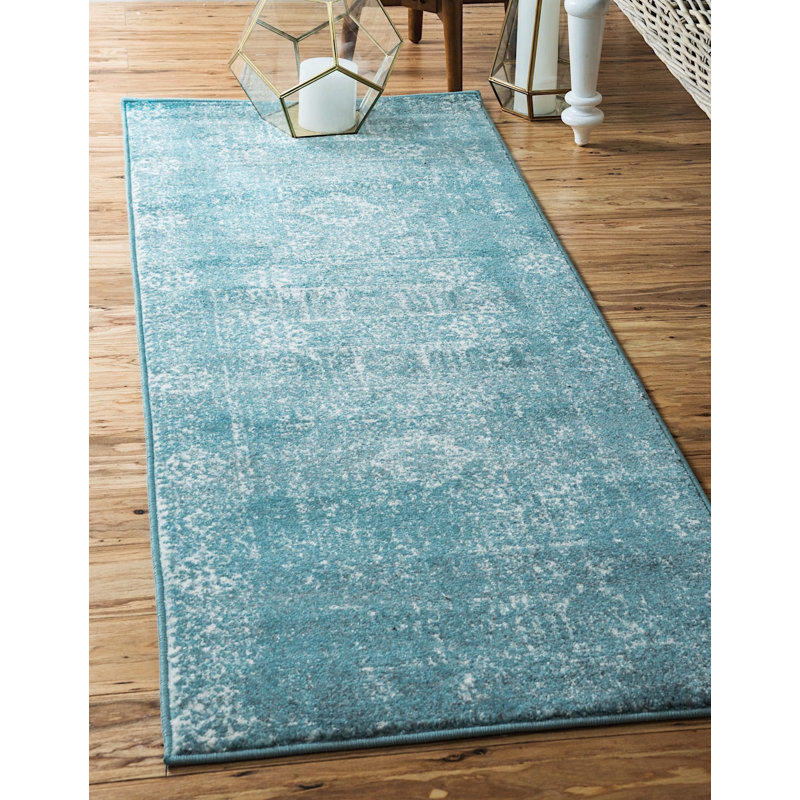 Tapis bleu sarcelle Kasha, Tapis de couloir 2 pi 2 po x 6 pi