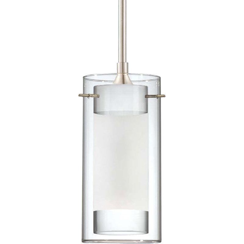 Esprit 1-Light Indoor Brushed Nickel Mini Hanging Pendant with Clear Glass Cylinder (Outer Shade) and Sandblasted Frosted White Glass Cylinder with Clear Glass Edges (Inner Shade)