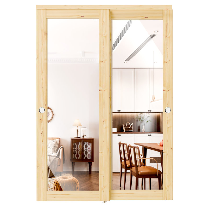 Porte de placard coulissante, porte coulissante en bois massif à conception miroir avec ensemble de rails et guide de plancher, panneau de porte pré-percé à assembler, panneau de fibres à densité moyenne