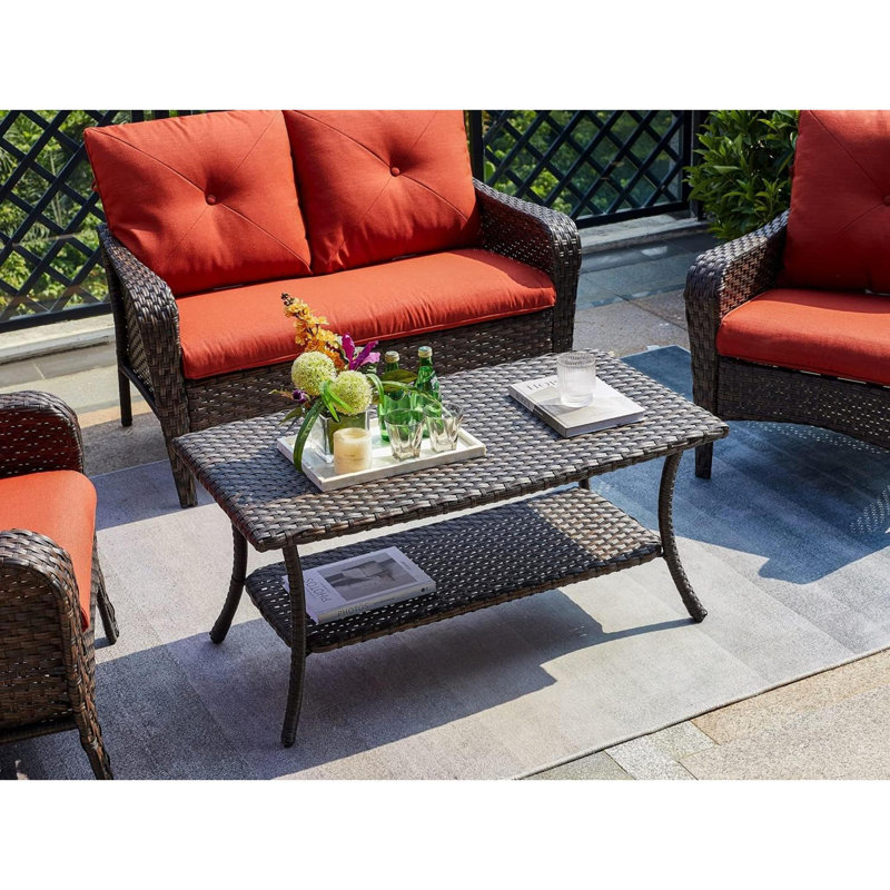 Outdoor Wicker Coffee Table, Patio Coffee Table With 2-Tier Storage Shelf With PP Board For Patio Conversation Set