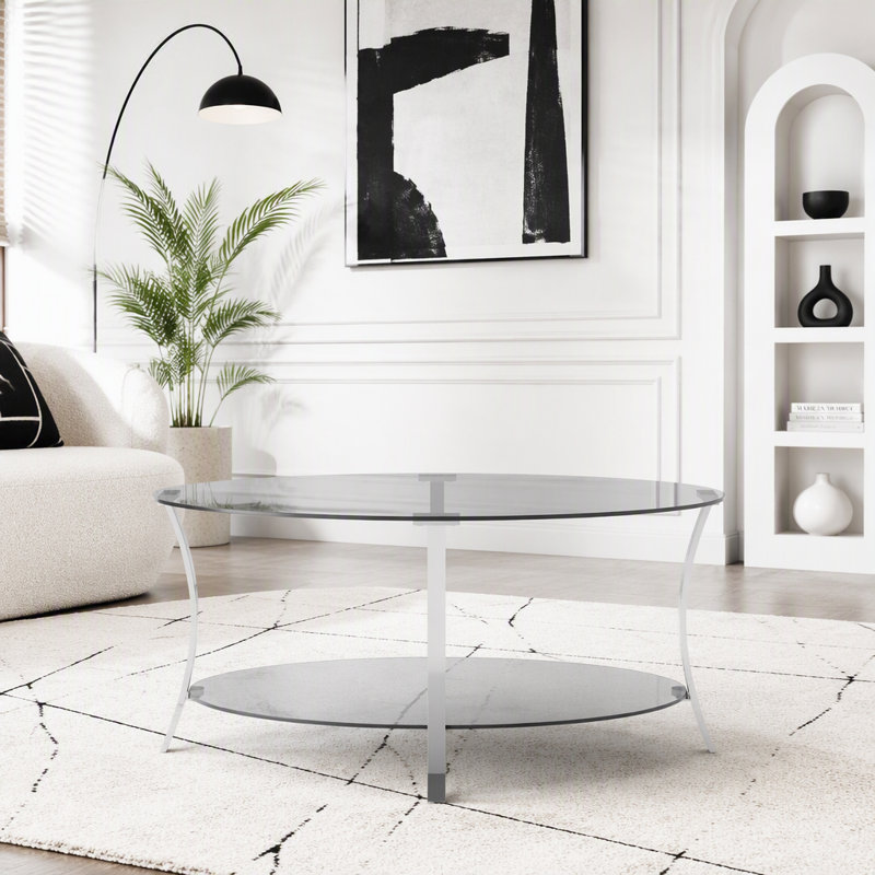 Table basse ovale moderne en verre avec pattes en métal et design à 2 niveaux, 41,8 lb, Argent