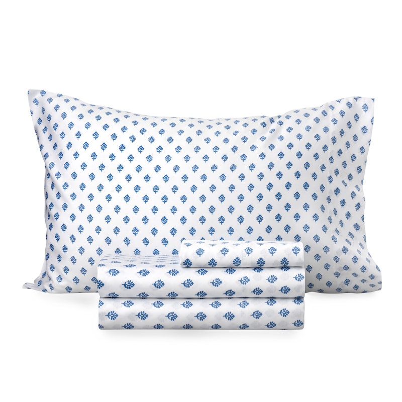 Martha Stewart Ines 250 Thread Count Floral Leaf Egyptian-Quality Cotton Sheet Set, Federal Blue, Queen