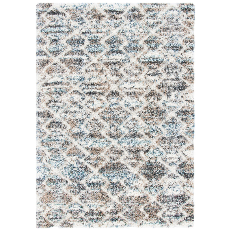 Tapis géométrique gris clair / ivoire / bleu Xenia, Rectangle 3 pi 3 po x 5 pi