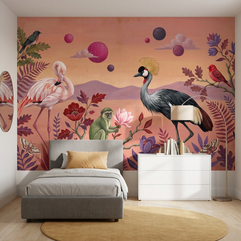 Papier peint oiseaux tropicaux muraux oiseaux de la jungle amovibles, Non tissé, 140 po x 108 po