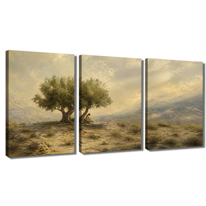 3 panneaux muraux Olive Tree Desert Mountain Landscape, reproduction d'art sur toile tendue, 28 * 40 pouces * 3