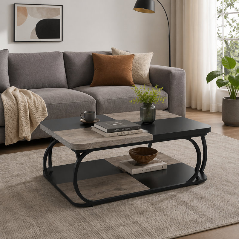 Table basse carrée en métal avec tablettes à deux niveaux pour le rangement et le décor de salon de style campagne moderne