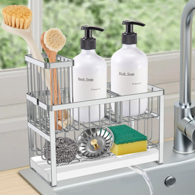 Sink Caddy Organizer with High Brush Holder,Stainless Steel Sink Box Dish Scrubber Holder,Soap Tray