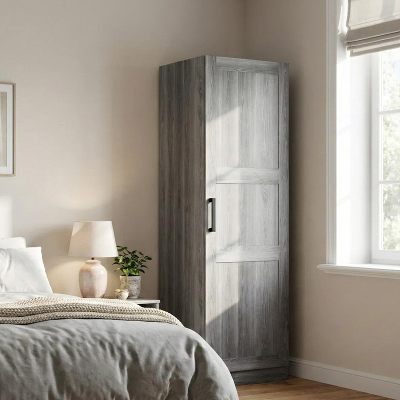 Garde-robe à une porte, armoire suspendue ou plusieurs tablettes, économiseur d'espace, Grain de bois gris