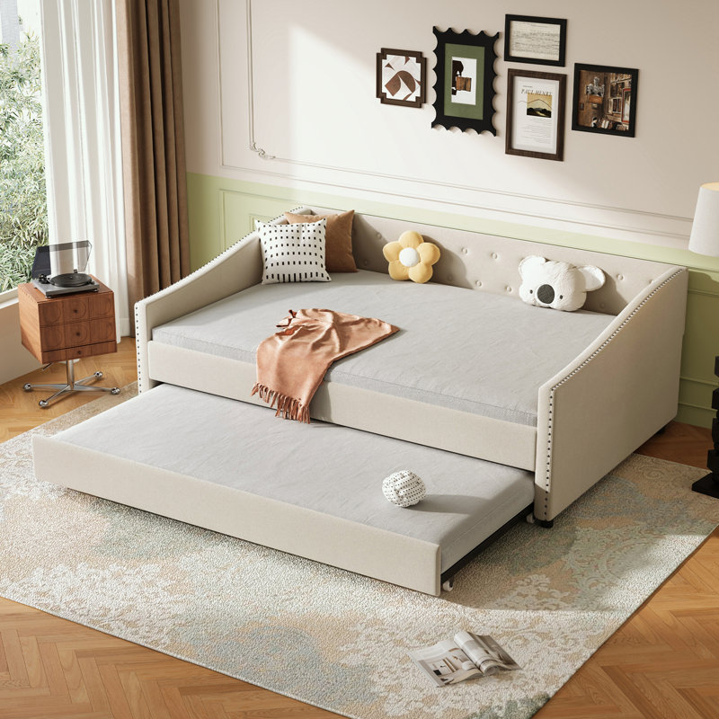 Full Size Daybed with Twin Size Trundle, Beige, Full/Double