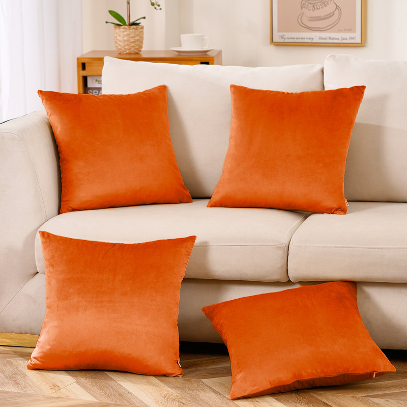 Set Of 4 Throw Velvet Cushion Covers, Orange, 16"H x 16"W
